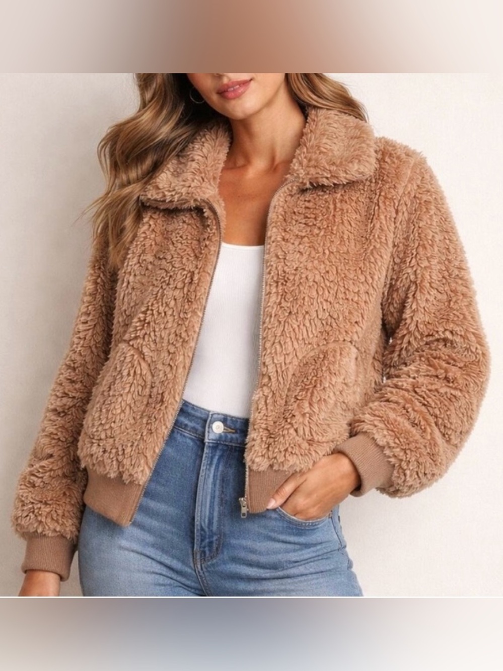 BB Dakota Faux Fur Teddy Bomber Jacket Camel Tan Brown Women's Size L